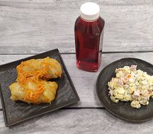 Голубцы с мясом, оливье с колбасой, каркаде