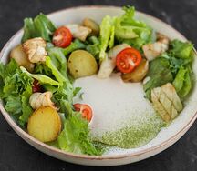 Теплый салат с кальмаром и соусом тоннато
