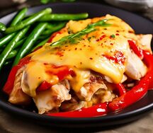 Запеченная курица со стручковой фасолью и болгарским перцем под сыром