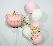 Комбо Фонтан розово-белых воздушных шаров и фигурный шар Кошка с короной на день рождения девушки, ребенка