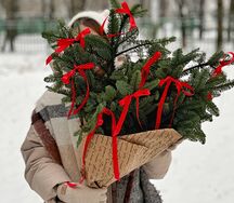 Букет из ароматной живой елки нобилис с красными бантиками 
