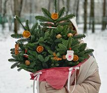 Букет свежего нобилиса с апельсинами, корицей, грецким орехом и игрушками