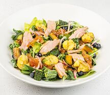 Большой салат с утиной грудкой, картофелем, огурцами, листьями салата, красным и карамелизованным луком