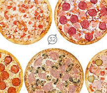 Комбо 5 пицц 30 см пепперони, вкусная, с ветчиной и грибами, сборная, чикен