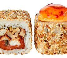 Сальмон унаги запеченный с мидиями и острым соусом