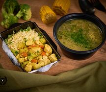 Рассольник с шампиньонами и индейка с овощами