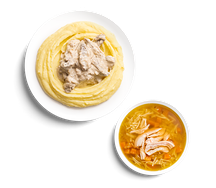Куриная вермишель и бефстроганов с пюре
