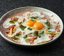 Яичница по-домашнему с картошкой и сосисками