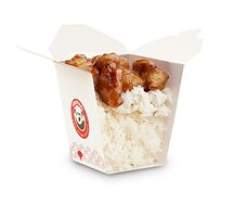 White steamed rice. Orange chicken