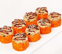 Запеченный ролл с угрем и тигровой креветкой