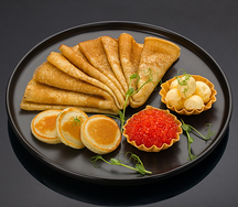 Блины с мини оладушками с икрой форели