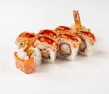 Ролл с обжаренным лососем и тигровой креветкой