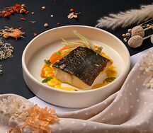 Черная треска с тыквенным пюре, фенхелем и соусом из апельсинов и шафрана