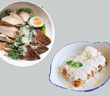 Цезарь с курицей и лазанья с говядиной