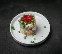 Оливье с языком и красной икрой