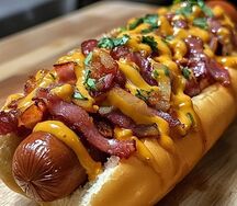 Хот дог с беконом и луком фри