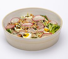 Салат из телячьего языка с брокколи, редисом и соусом айоли 		