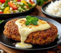 Котлета из свинины, запечённая с сыром, гарнир, салат
