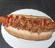 Хот-дог датский с куриными стрипсами 