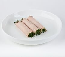 Рулетики из ветчины с сырной начинкой и грибами