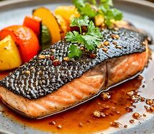 Стейк из форели с овощами гриль