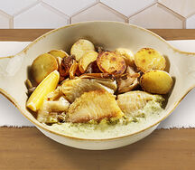 Морской цыпленок с картофелем и сливочным песто