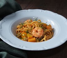 Биголи с морепродуктами и тыквой