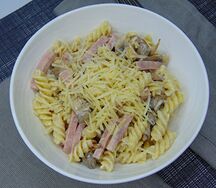 Паста с ветчиной и грибами