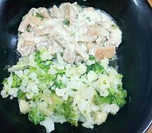Цыпленок с брокколи и брюссельской капустой
