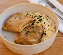 Блинчики с мясом и грибным муссом
