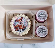  Бенто-торт и 2 капкейка Маме с оленями с сахарными картинками
