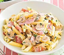 Макароны Пенне с ветчиной и грибами под сыром