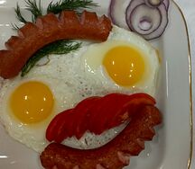 Яичница-глазунья с сосисками и помидором