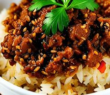 Рубленая тушеная свинина с рисом