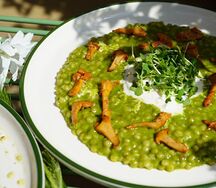 Птитим с песто, лисичками и страчателлой