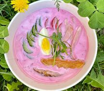Холодник с ветчиной, редисом, яйцом и огурцом
