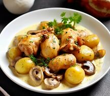 Томленное с молодым картофелем и шампиньонами куриное филе