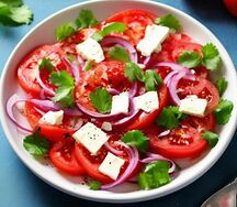 Салат из розовых помидор с брынзой и красным луком