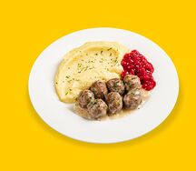 Фрикадельки с картофельным пюре и ягодным соусом 