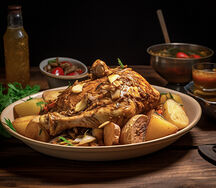 Poulet braisé entier avec igname bouillie
