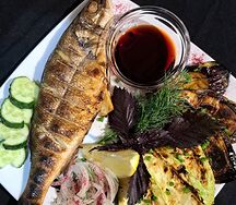 Сибас с овощами на гриле