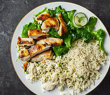 Chicken, rice and salads