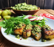 Chicken skewers & coriander pesto