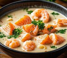 Сливочная уха с лососем и креветками 