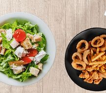 Салат Цезарь Четыре сыра и луковые колечки