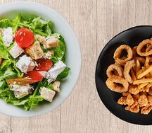 Салат Цезарь Четыре сыра и сырные палочки