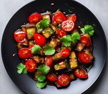 Салат с тёплыми баклажанами и томатами