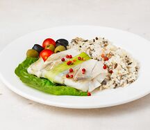 Судак с ризотто и вешенками