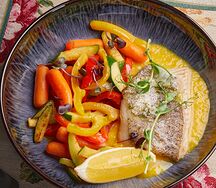 Палтус с овощами гриль