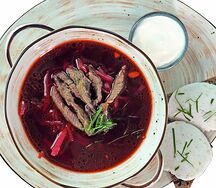 Борщ с бородинским хлебом и смальцем